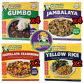 Four boxes of Jambalaya Girl seasoning products including Gumbo, Jambalaya, Pastalaya, and Yellow Rice.