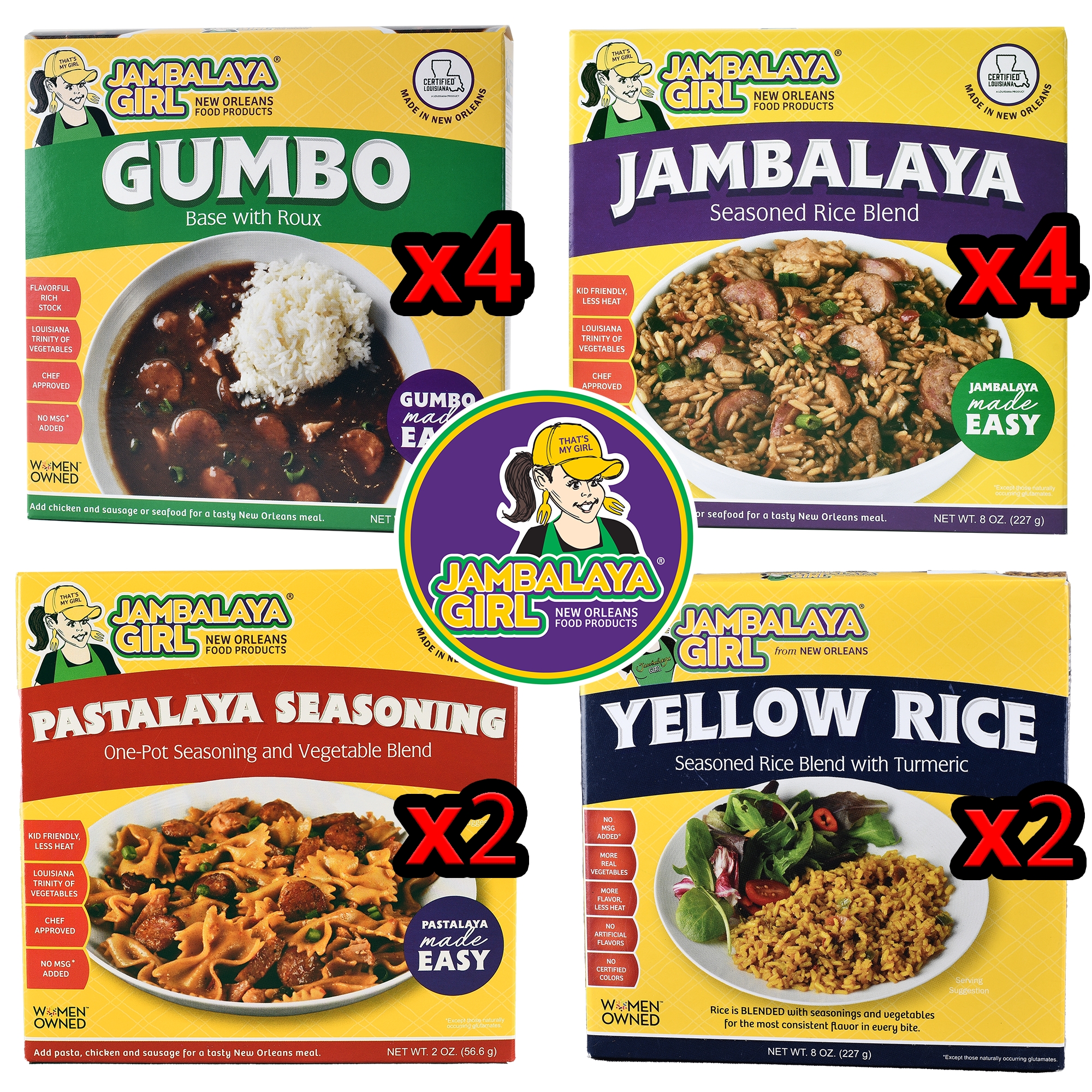 Four boxes of Jambalaya Girl seasoning products including Gumbo, Jambalaya, Pastalaya, and Yellow Rice.